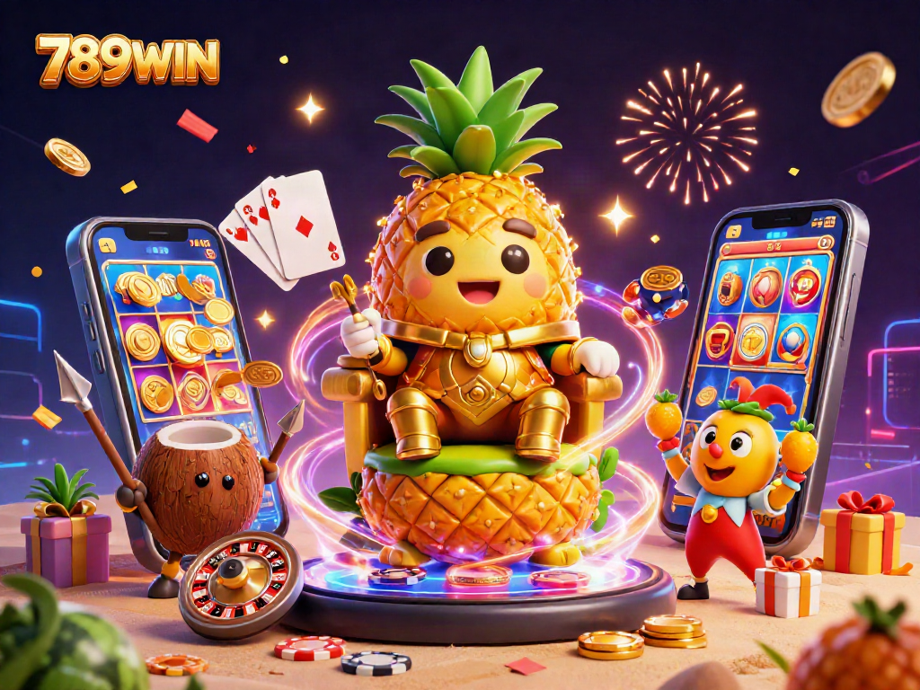 Engage with the exciting world of 789WIN at a lively beach casino with vibrant 3D characters and dynamic gaming elements.