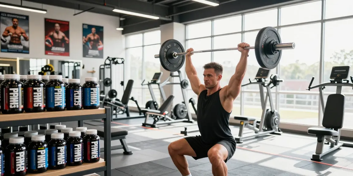 Muscular athlete using Prime Pharma Steroiden while weightlifting in a bright gym.
