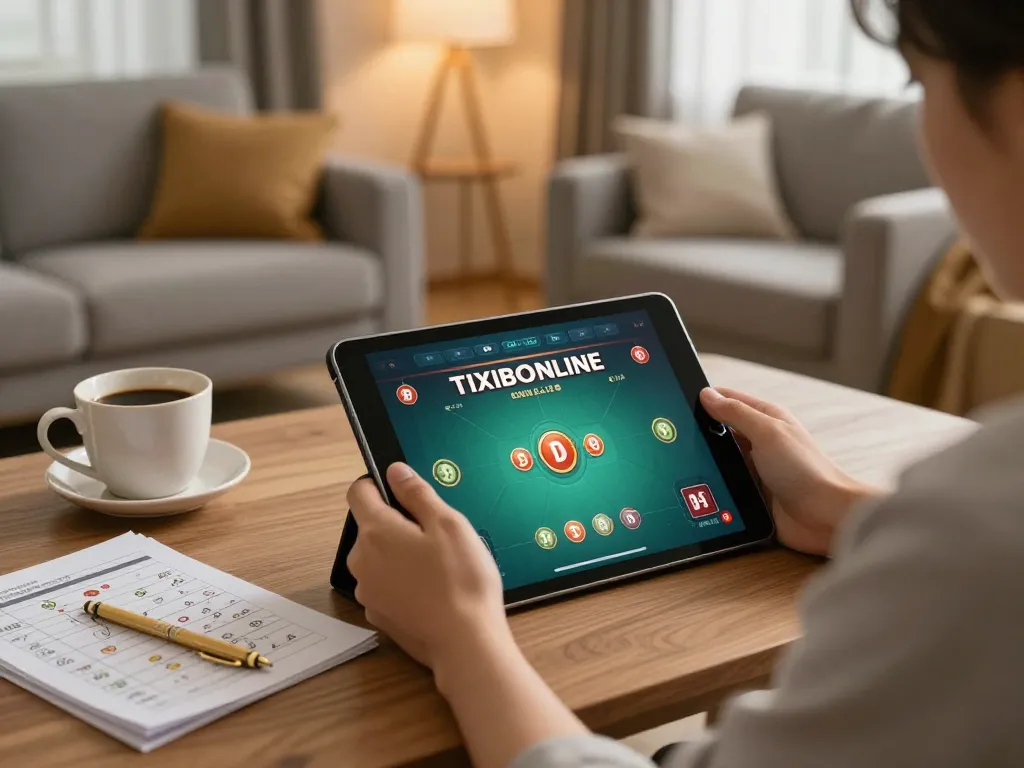 Engaging in taixiuonline gameplay on a tablet in a cozy home setting, showcasing modern online gambling.