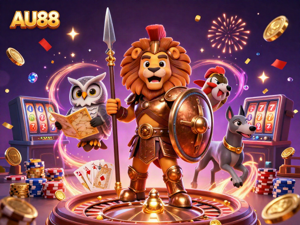 Experience the excitement of AU88 with vibrant 3D characters and casino elements surrounded by coins and confetti.