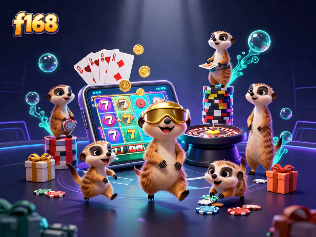 Engage in f168 gaming fun with meerkats orchestrating a vibrant casino scene filled with colorful slot games and dynamic elements.