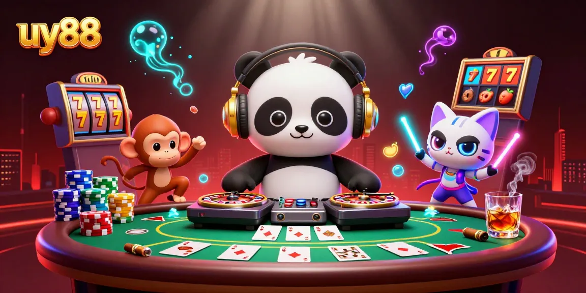 Experience excitement at uy88 with a dynamic party scene featuring a DJ panda and playful characters.