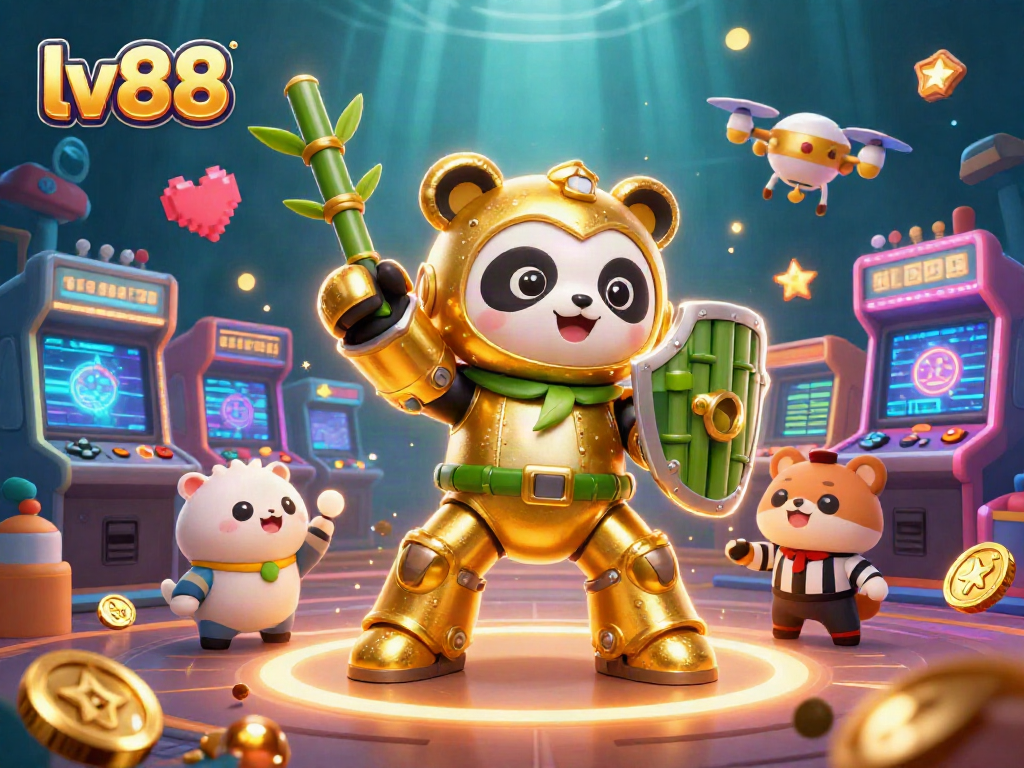 Engage in the vivid world of lv88 with a golden panda robot in a lively casino arena filled with arcade elements.