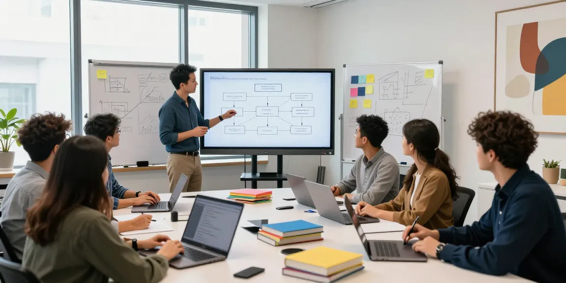 Professionals collaborating to build internal tools with AI in a modern tech workspace