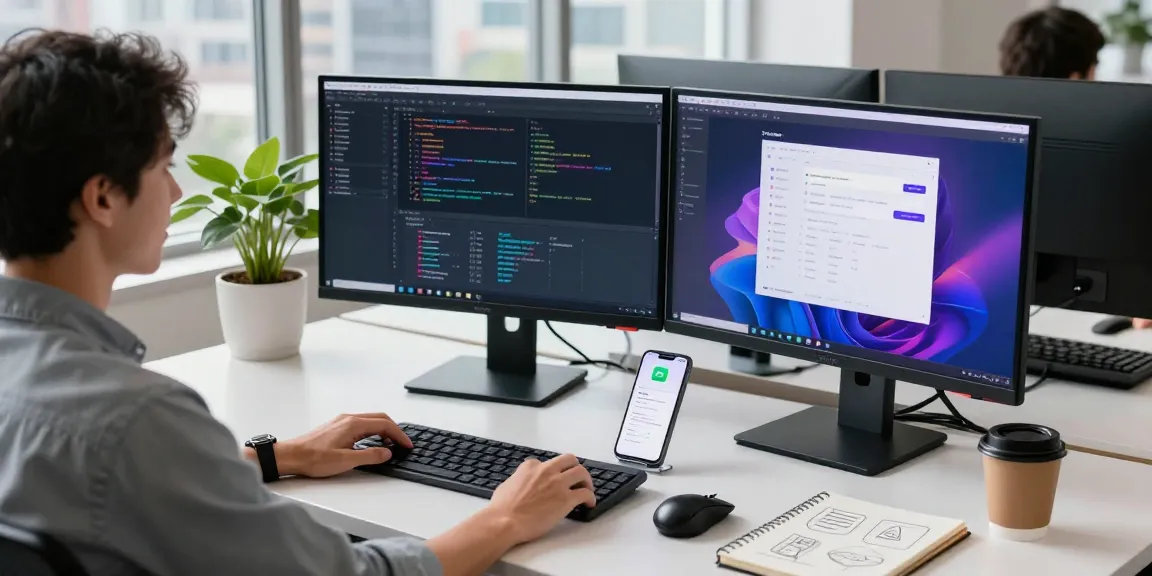 快连 software developer coding on dual monitors in a modern workspace