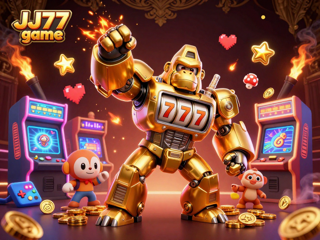 Experience the excitement of the JJ77 game with dynamic casino action featuring a golden gorilla mech.