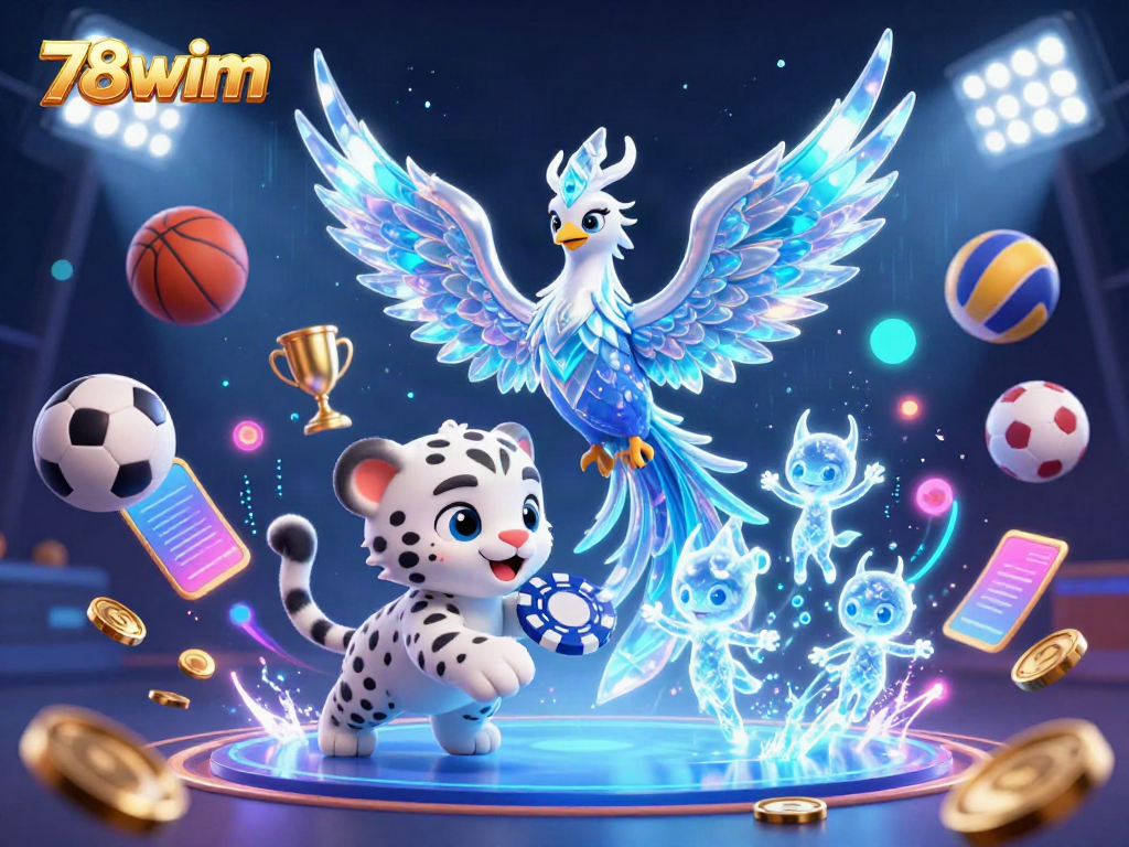 Experience the vibrant world of 78wim with an ice phoenix and tiger cub amidst dynamic sports and casino elements.