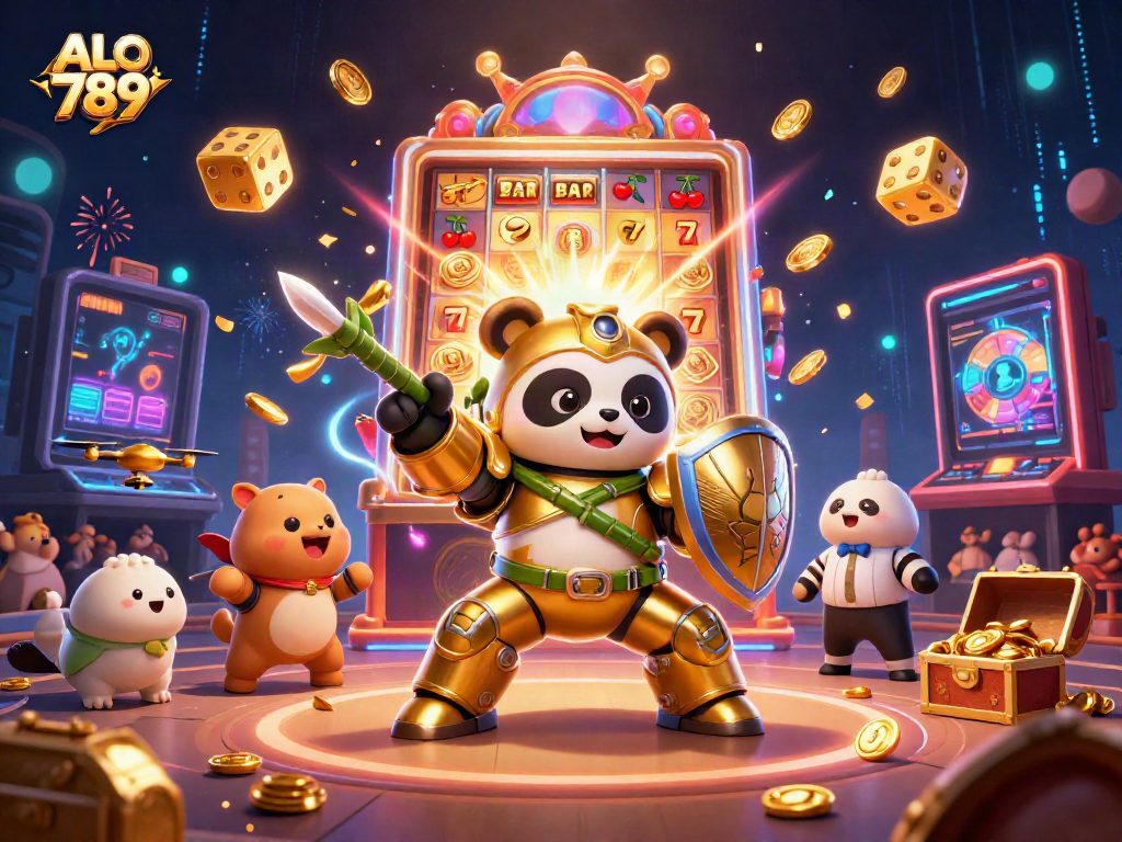 A thrilling cockfighting scene at ALO 789, featuring a golden panda piloting a robot amidst jubilant animal fans.