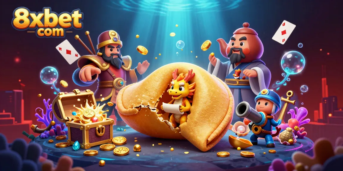 Engage with 8xbet com through an exciting 3D illustration depicting luck and treasure in a casino scene.