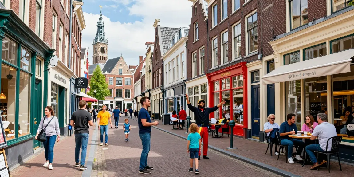 Family exploring tips den haag in colorful city center with historical architecture.