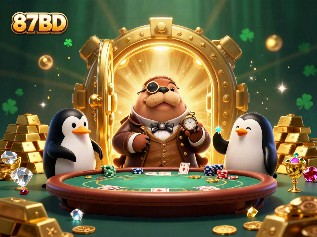 Engage in thrilling poker with 87BD's jolly walrus and colorful underwater characters at a vibrant casino scene.