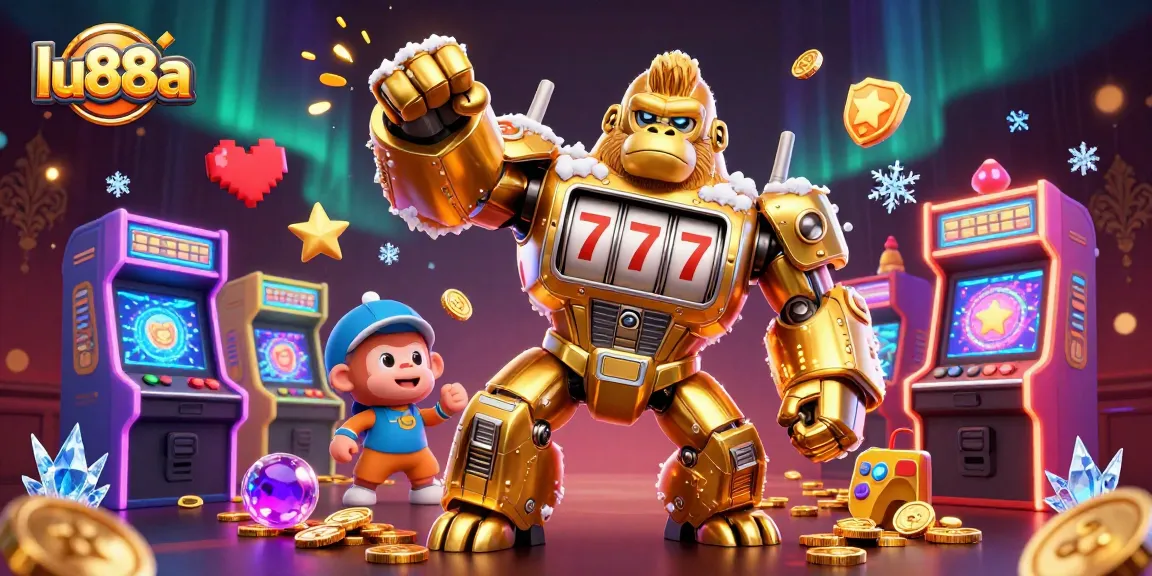 Experience thrilling slots at lu88a with a vibrant 3D casino illustration featuring a golden gorilla mech.