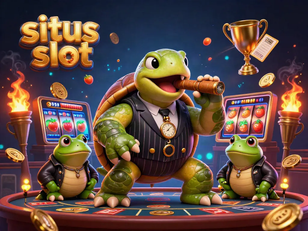 Engage in situs slot excitement with a unique cartoon scene of a snapping turtle mobster and bullfrog enforcers.