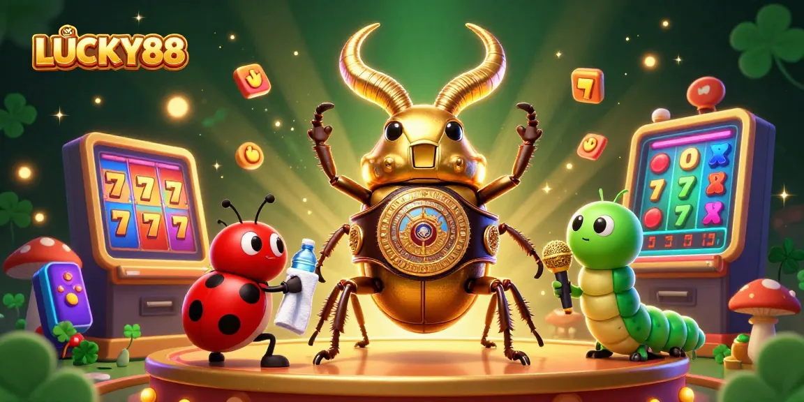Engage with LUCKY88 slot machines featuring vibrant reels and multicolored symbols in an action-packed casino scene