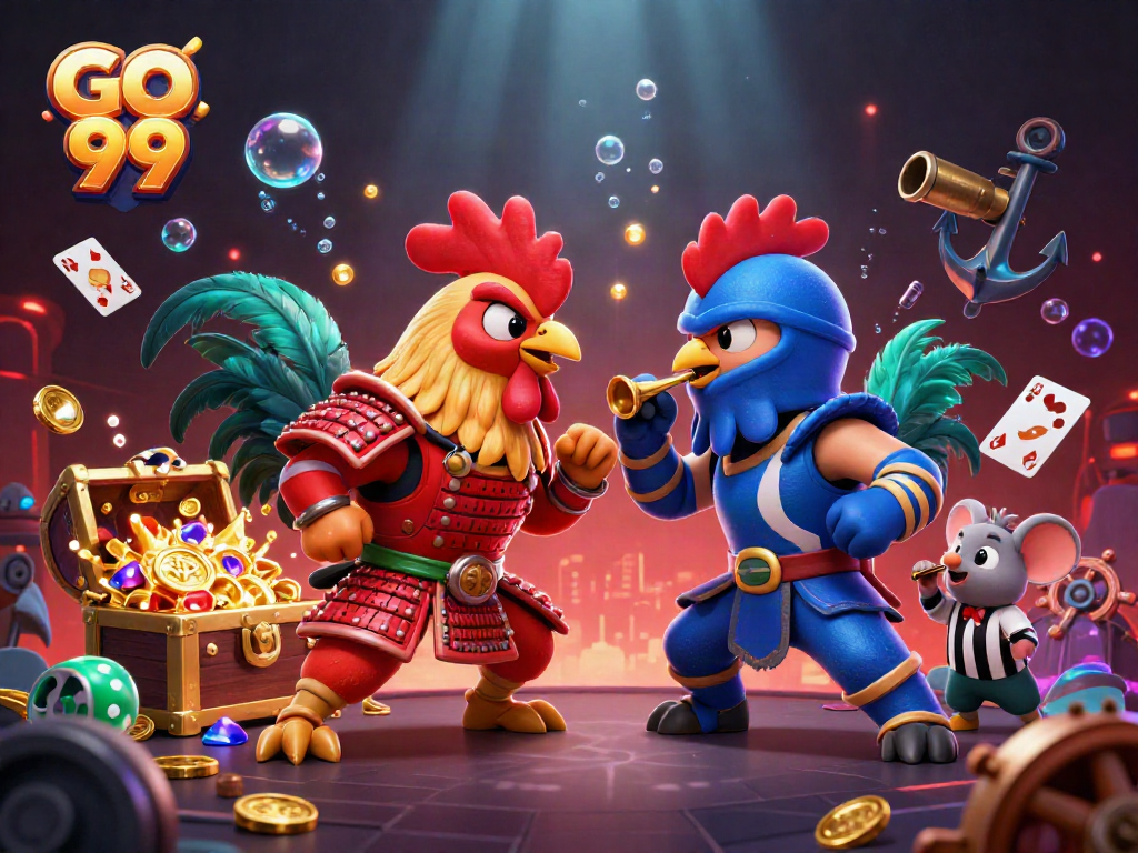 Experience the excitement of GO 99 casino with dynamic roosters battling, vibrant game elements, and dramatic visuals.