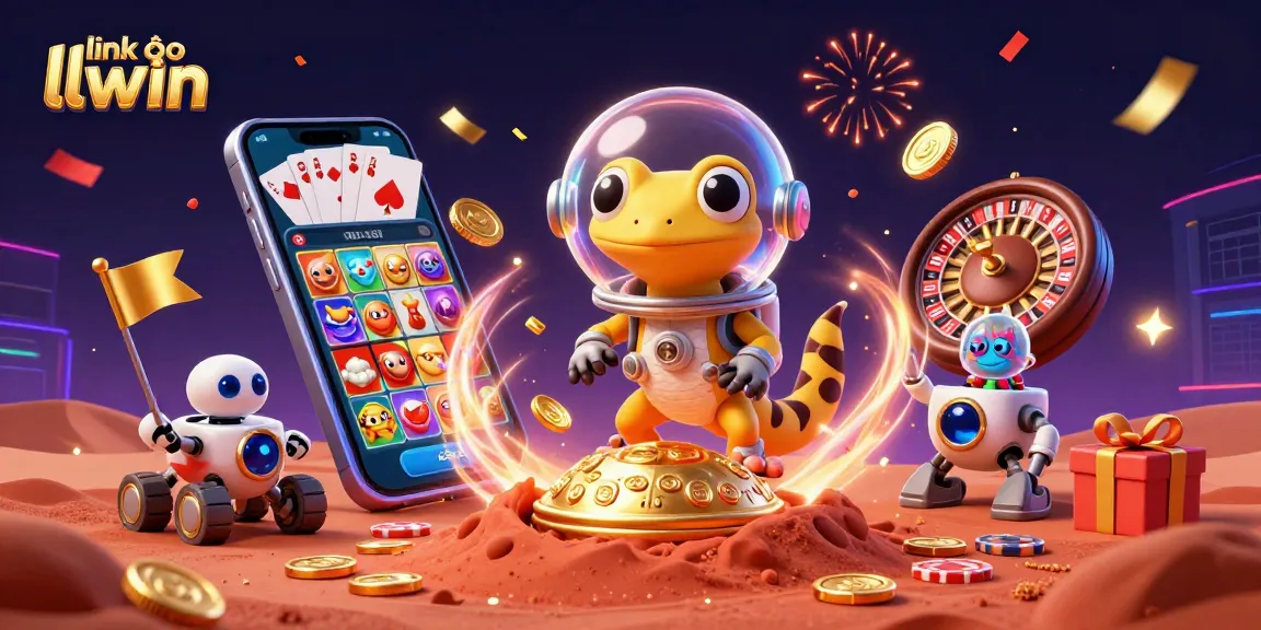 Experience excitement at the link vào llwin with 3D casino illustration showcasing a Martian gecko and vibrant gaming elements.