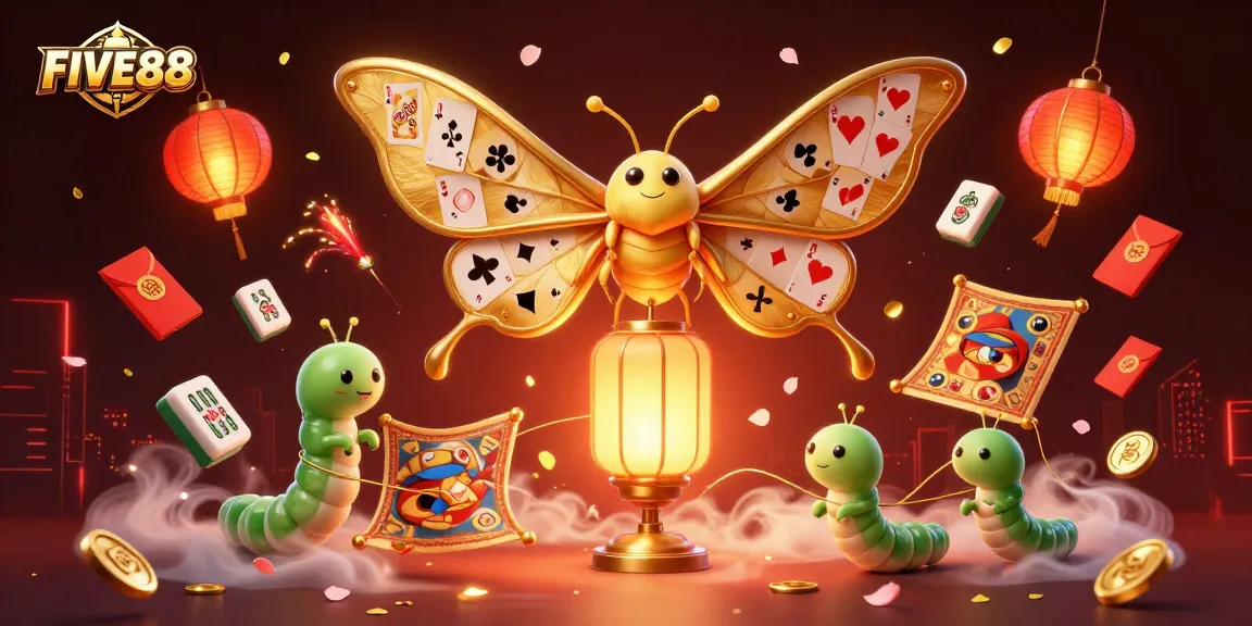 Play thrilling games with FIVE88 while exploring colorful casino illustrations featuring golden motifs.