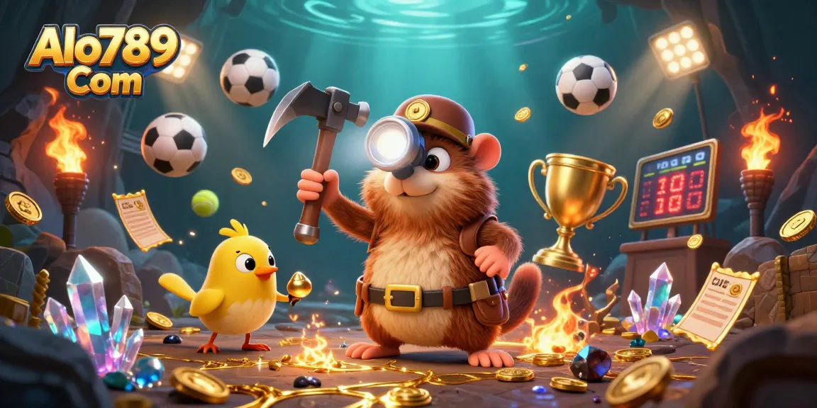 Engage in thrilling gaming adventures with Alo789 Com as a treasure hunter mole explores sparkling gems and sports balls.
