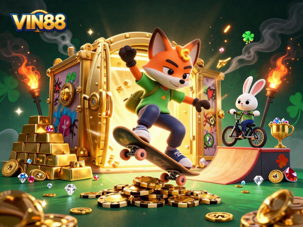 VIN88 showcases an energetic scene with a skateboarder fox and BMX rabbit performing tricks in a vibrant casino setting.
