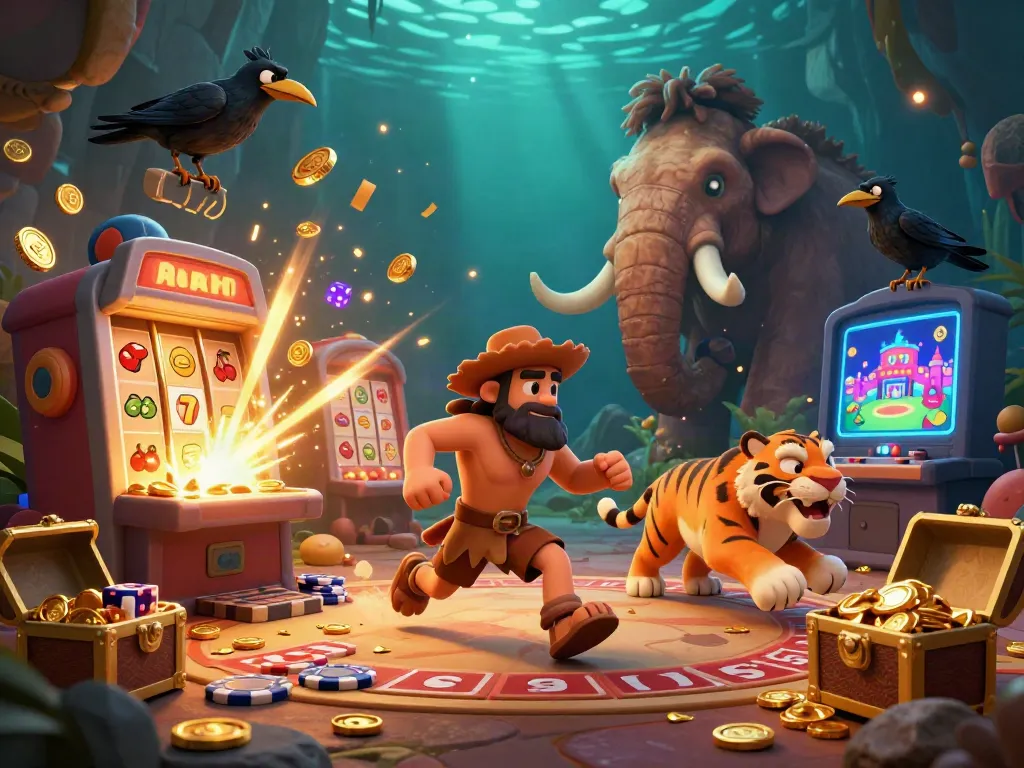 Join the excitement at nhà cái 78win with a 3D illustration of a prehistoric casino bursting with colorful symbolism and golden elements.