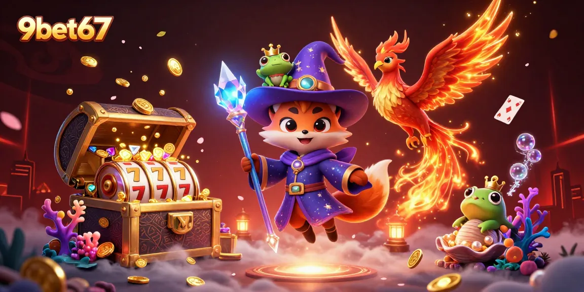 Experience the magic of 9bet67 with this vibrant 3D illustration showcasing a wizard fox and phoenix.