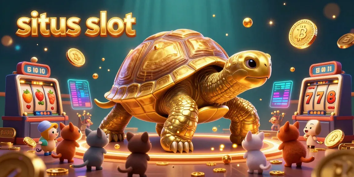 Experience thrill with situs slot, showcasing a golden tortoise pinball machine amidst vibrant casino slots.