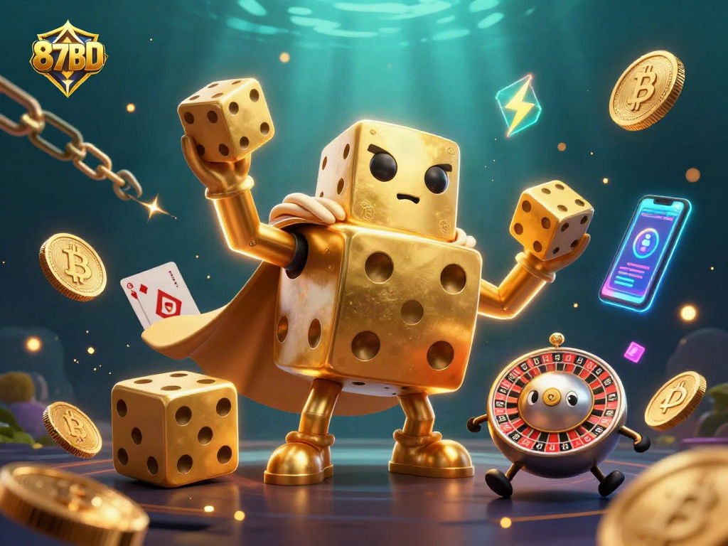 Play and win with 87BD in this vibrant 3D casino-focused illustration showcasing engaging digital gameplay elements.