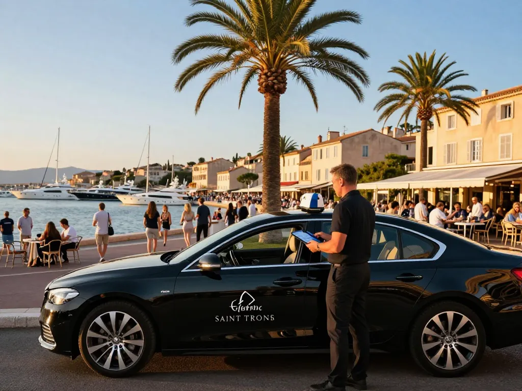 Taxi Saint-Tropez véhicule de luxe au bord de l'eau avec un chauffeur professionnel pendant l'heure dorée.