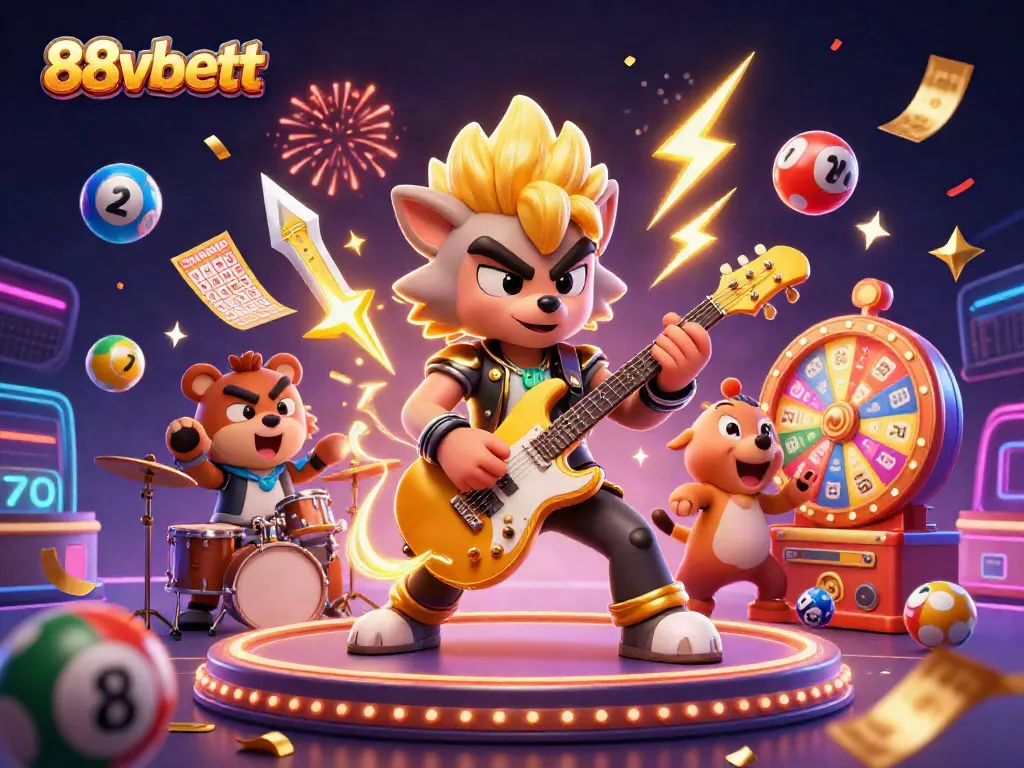 Join the fun with 88vbett as the rock star wolf and drummer bear celebrate the thrill of online gaming.