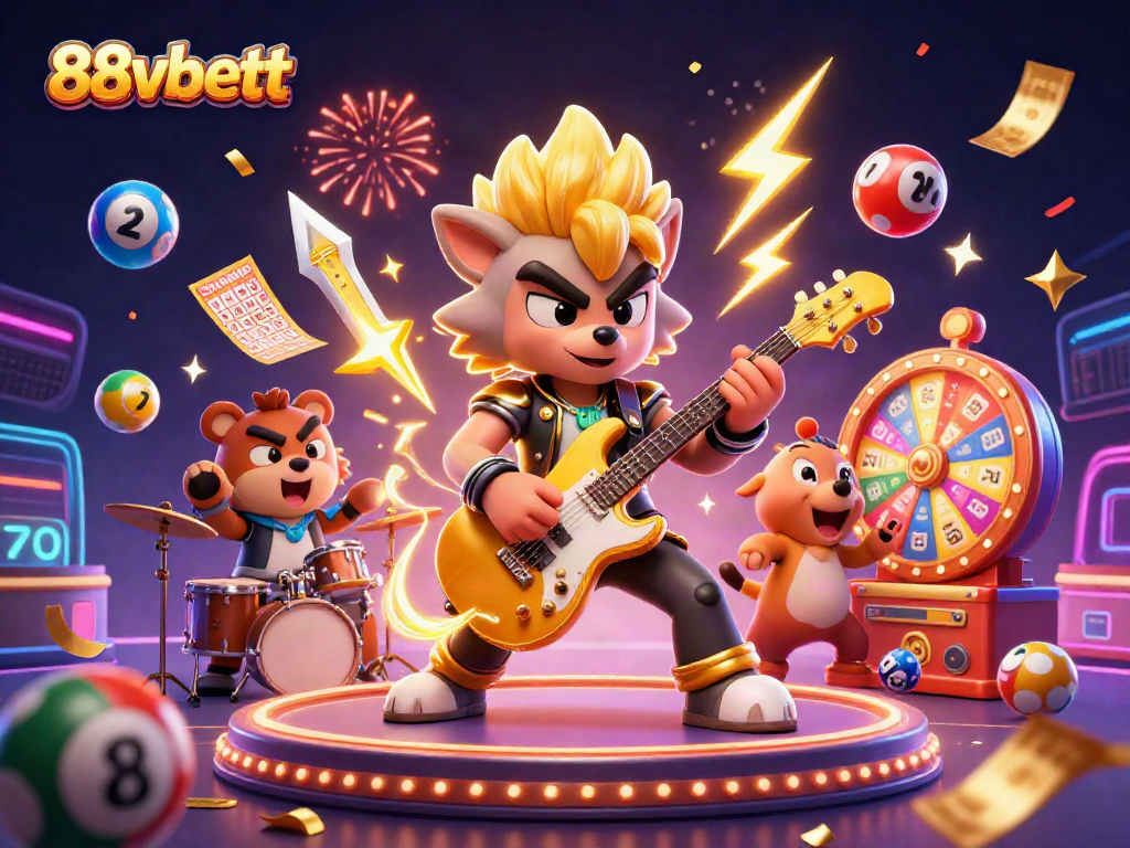 Join the fun with 88vbett as the rock star wolf and drummer bear celebrate the thrill of online gaming.