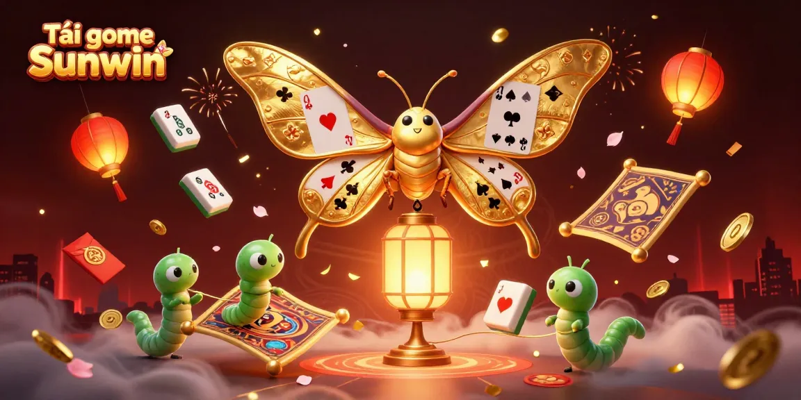Tải game Sunwin amidst vibrant 3D casino elements and a majestic atlas moth illustration.