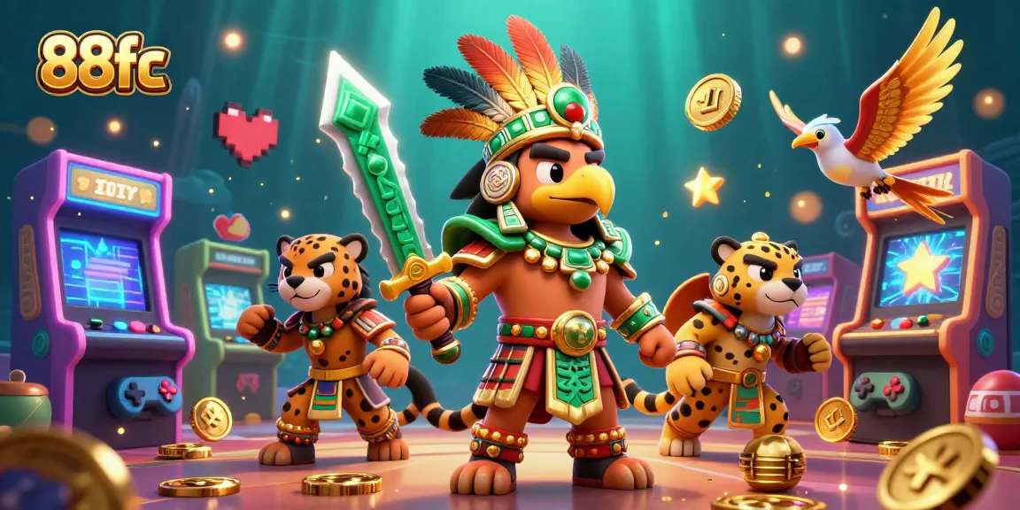 Engage in thrilling action with 88fc's vibrant gaming scene featuring legendary Aztec warriors and dynamic casino elements.