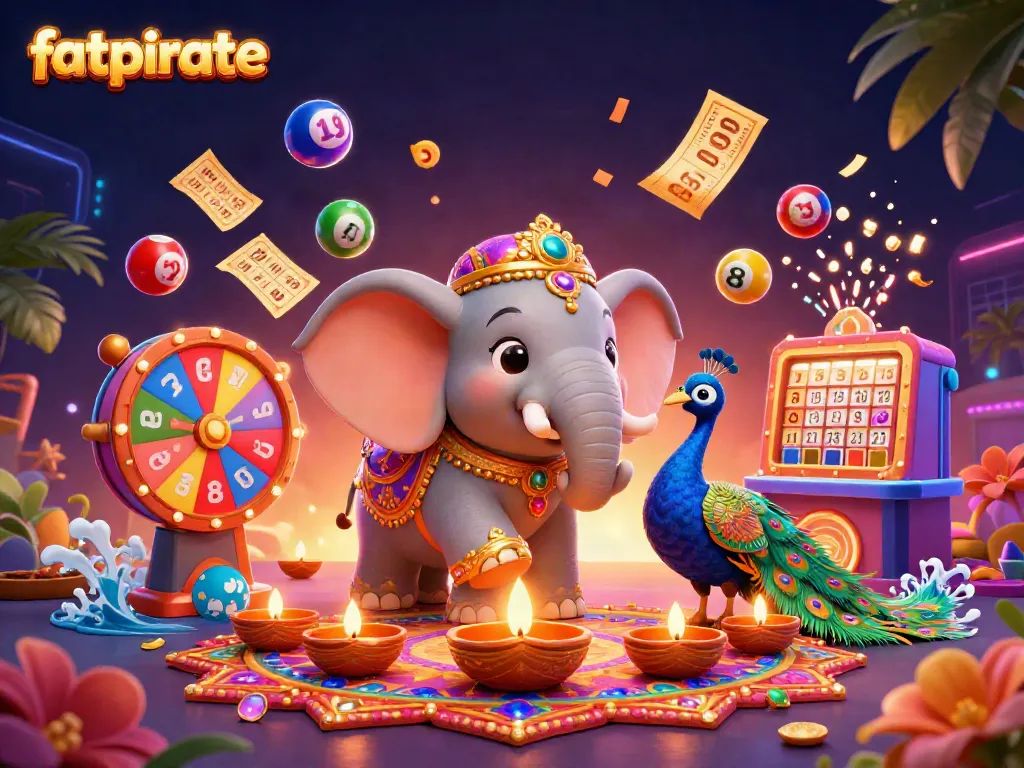 Experience the excitement of fatpirate with colorful lottery elements and festive characters in a vibrant casino scene.