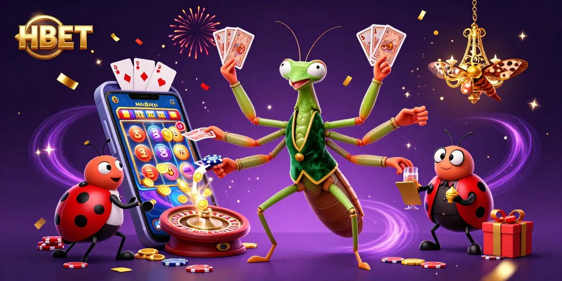 HBET showcases a vibrant casino atmosphere with a giant card sharp and ladybug pit boss handling exciting gaming elements.