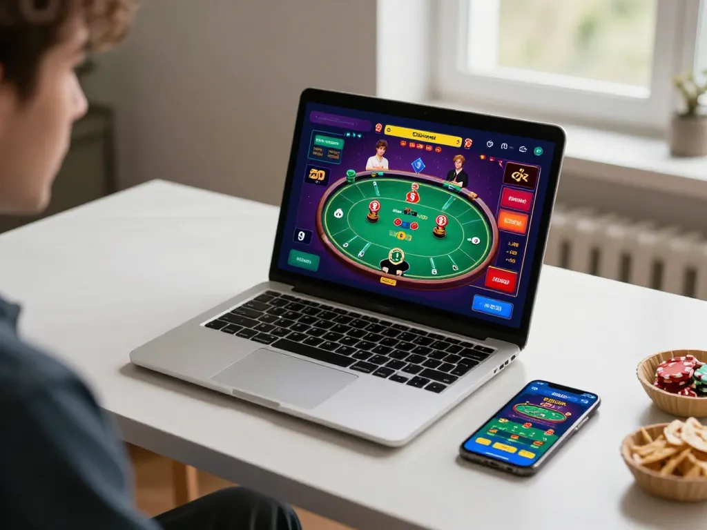 Pemain yang terlibat menikmati poker online dengan rokok88 di laptop, menunjukkan suasana permainan santai.