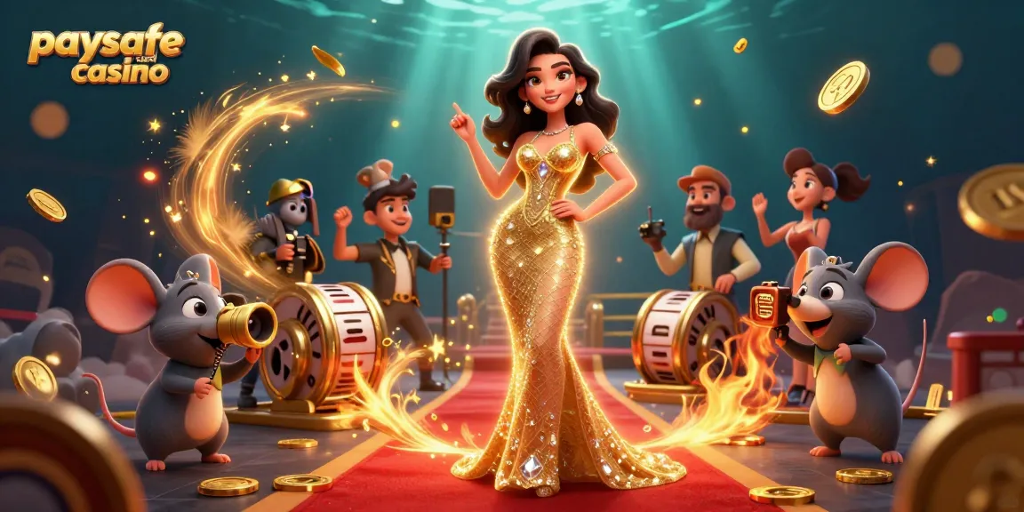 Erlebe den Nervenkitzel des Paysafe Card Casinos mit einer atemberaubenden Frau, goldenen Münzen und Spielautomaten.