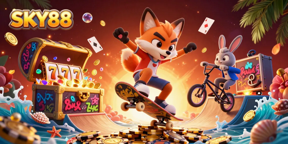Experience high-stakes action at SKY88 with dynamic characters surrounded by vibrant casino elements.