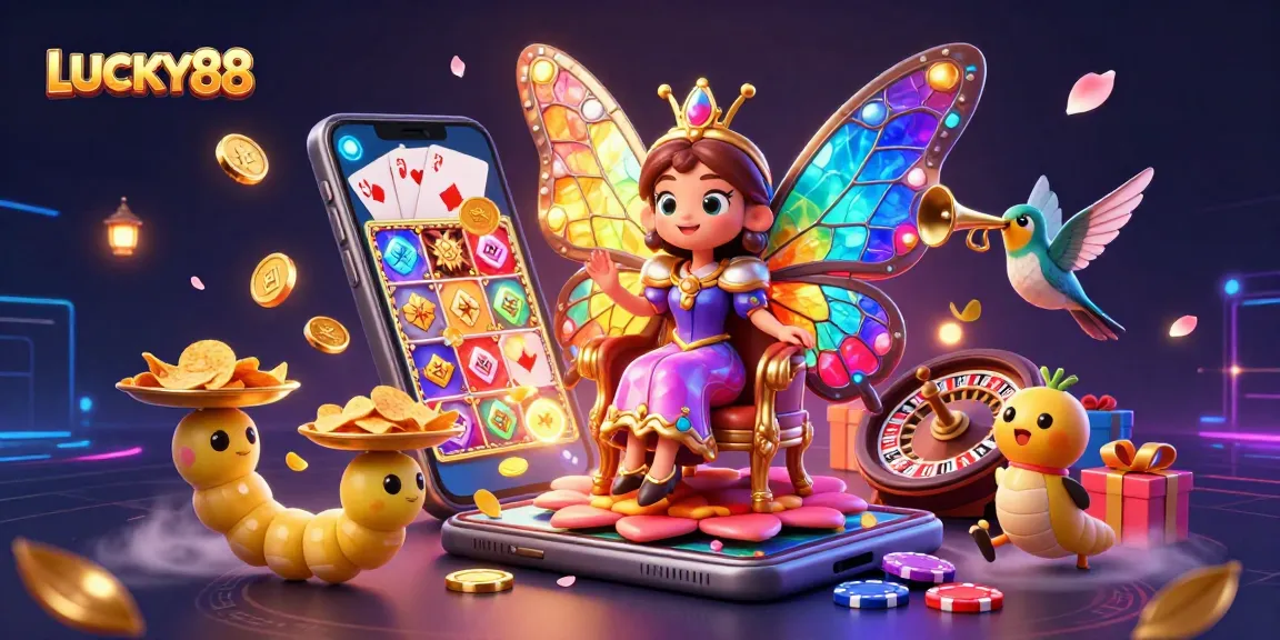 Engage with LUCKY88 gaming escape through vibrant 3D illustration showcasing detailed casino elements and characters.