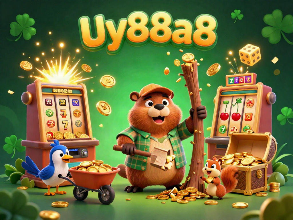 Win big with uy88a8 as the cartoon beaver chops trees raining golden coins in a vibrant casino scene.