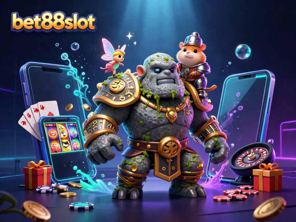 Experience an enchanting bet88slot adventure with a lively golem, fairy, and hamster knight amidst dynamic casino elements.