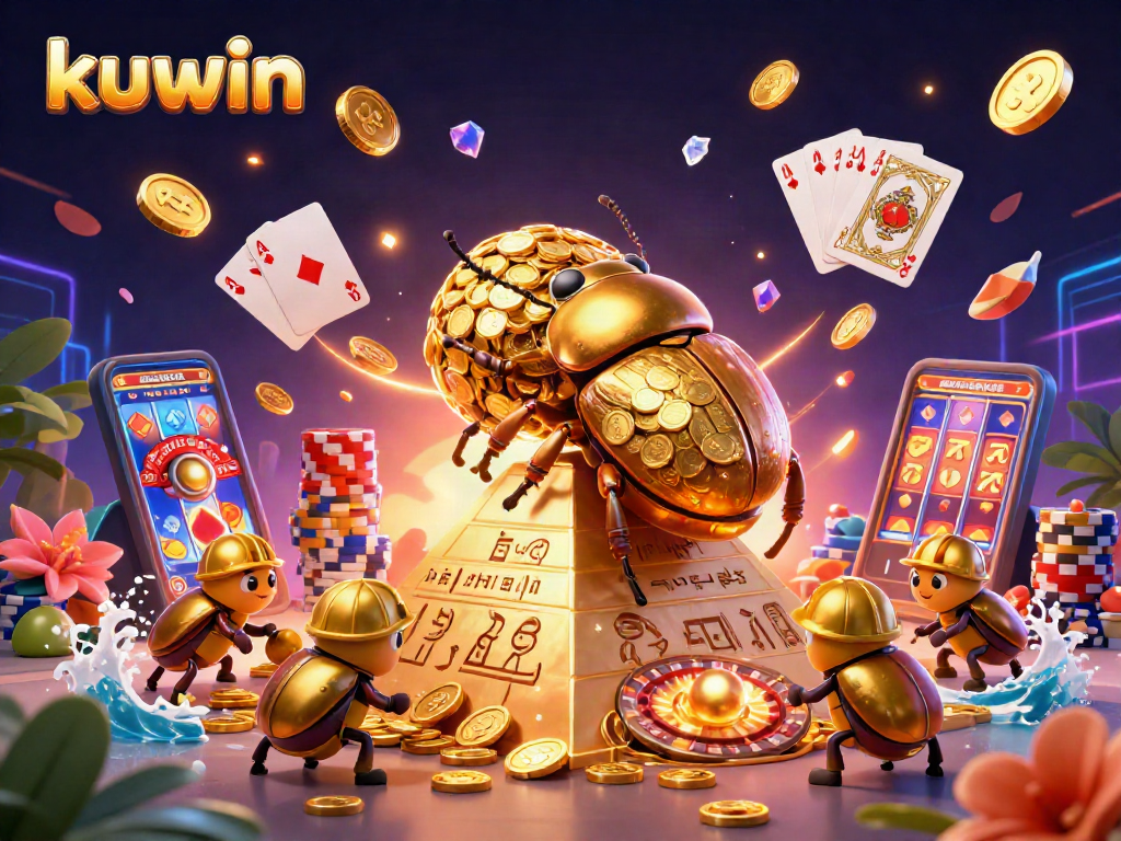 Kuwin offers thrilling casino experiences, featuring a golden beetle in an exciting gaming scene packed with coins and cards.