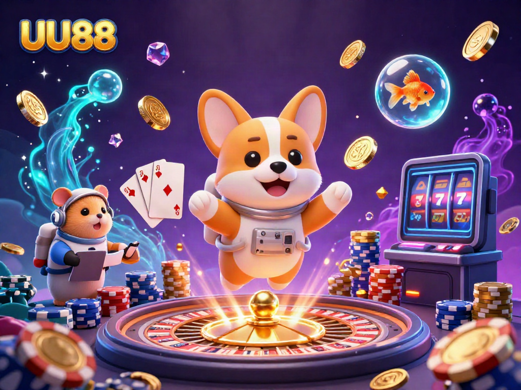 Experience gambling excitement with UU88 amidst floating coins and playful characters.