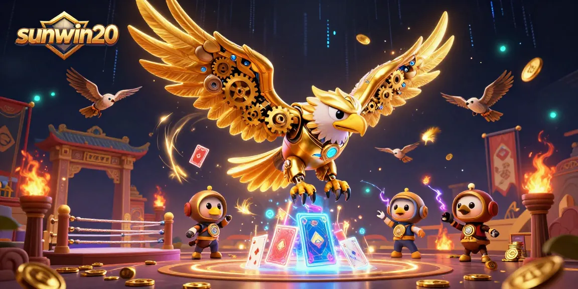 Engage with thrilling gameplay at sunwin20, featuring a cybernetic eagle amidst holographic cards and golden coins.