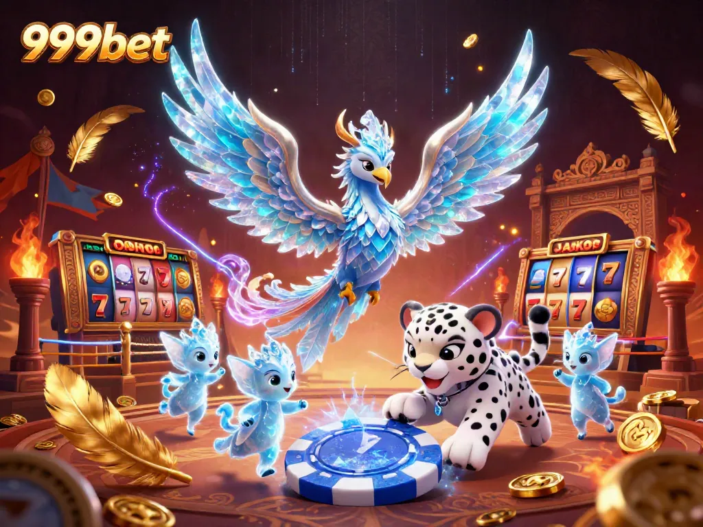 Experience dynamic gaming with 999bet's vibrant casino scene featuring a playful snow leopard and magical ice phoenix.