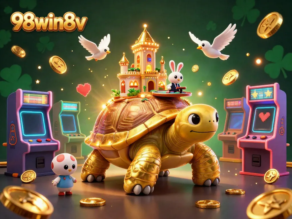 Engage with the vibrant casino-themed world of 98win8v featuring a majestic tortoise, dealer, and dynamic gaming elements.