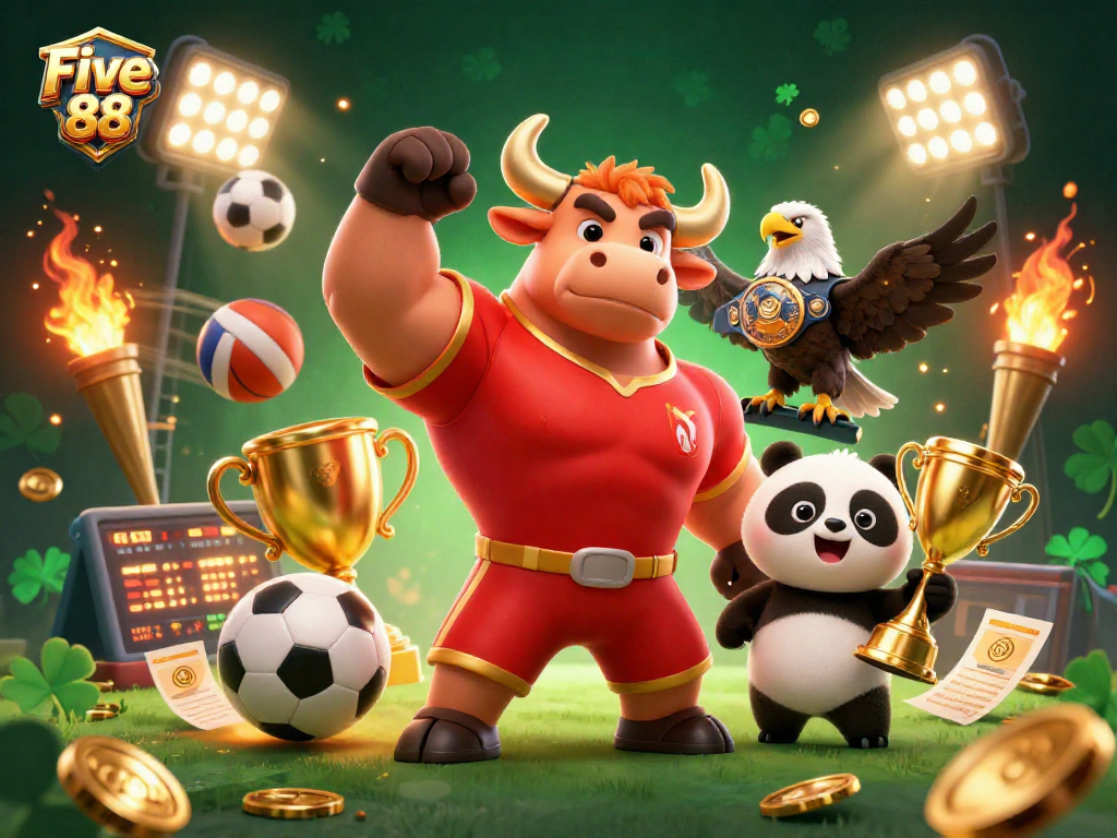 Experience thrilling gameplay with Five 88, featuring vibrant casino mascots and dynamic sports elements.