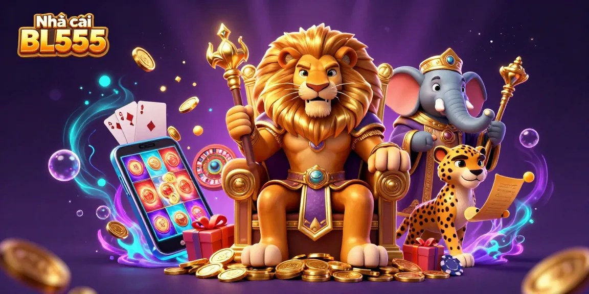 Engage with thrilling games at Nhà cái BL555 where a lion king reigns over a magical gambling world.