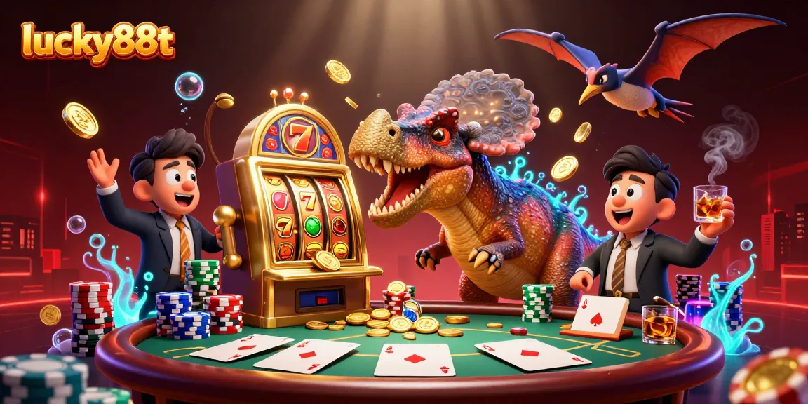 Engage with lucky88t's thrilling jackpot scene featuring animated dinosaurs and vibrant casino elements.