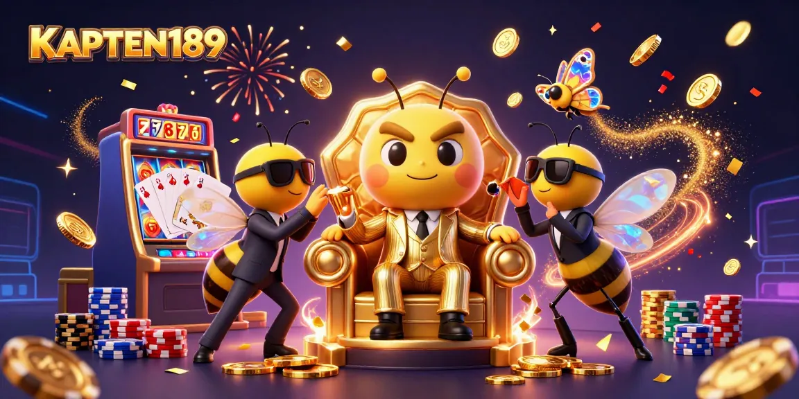 KAPTEN189 menampilkan ilustrasi kasino dengan karakter lebah jantan dalam suit, petugas wasp dan kupu-kupu, dikelilingi koin emas dan slot machine, dalam suasana meriah.