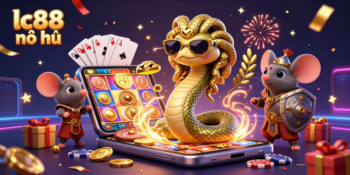 Experience vibrant lc88 nổ hũ gameplay with Medusa and a warrior mouse amidst thrilling slot games and celebrations.